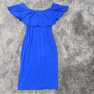 Carmen Marc Valvo Blue Ruffled Bodycon Cocktail Dress